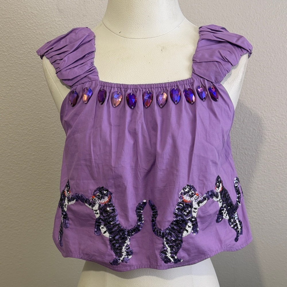 Queen of Sparkles Lion Sequin Gems Fun Statement Unique Ruched Sleeves Crop Top